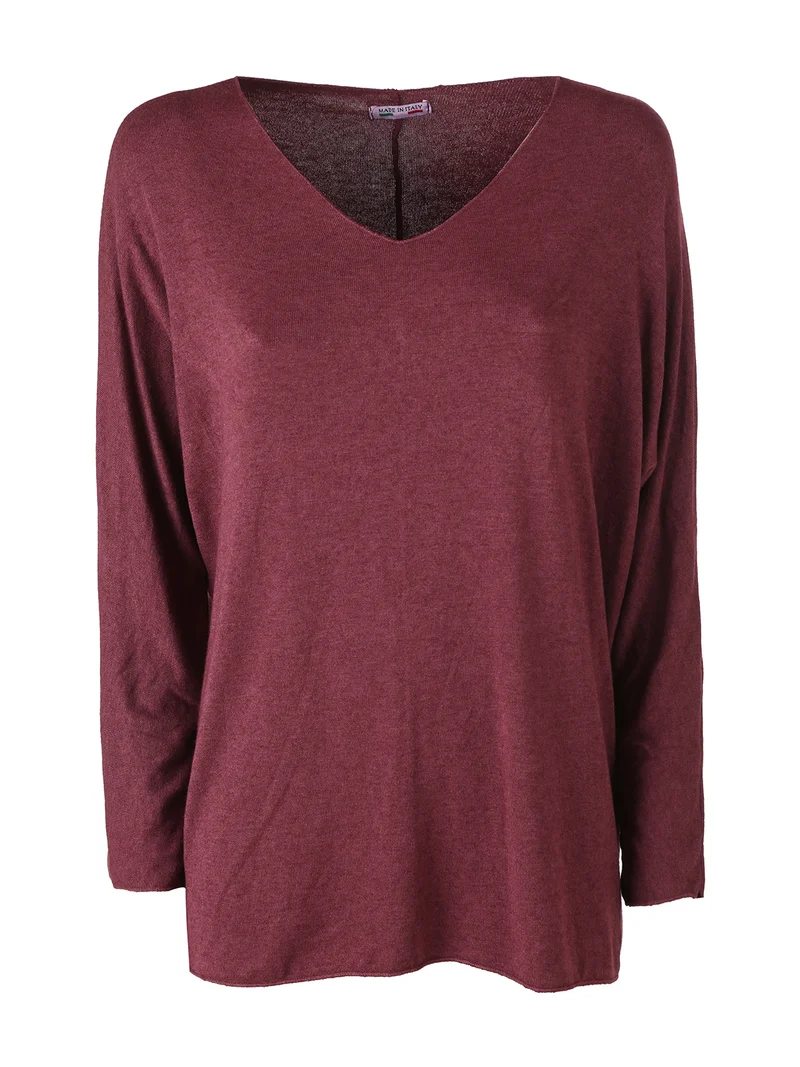Maglia donna con scollo a V e maniche lunghe a pipistrello - bordeaux