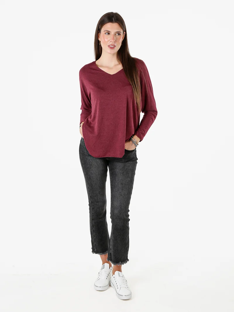 Maglia donna con scollo a V e maniche lunghe a pipistrello - bordeaux