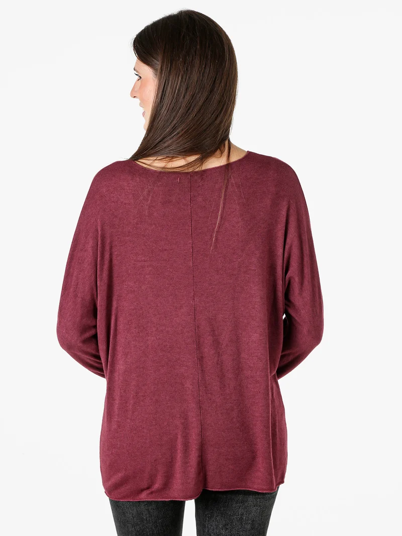 Maglia donna con scollo a V e maniche lunghe a pipistrello - bordeaux