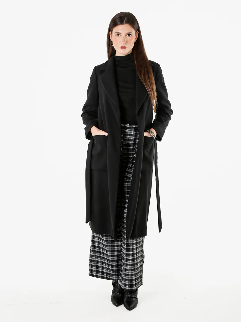 Cappotto lungo da donna senza chiusura con fusciacca in vita - nero