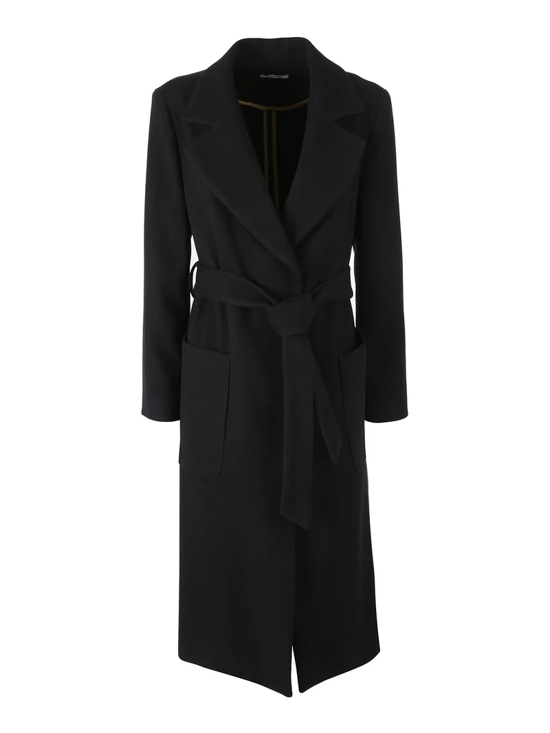 Cappotto lungo da donna senza chiusura con fusciacca in vita - nero
