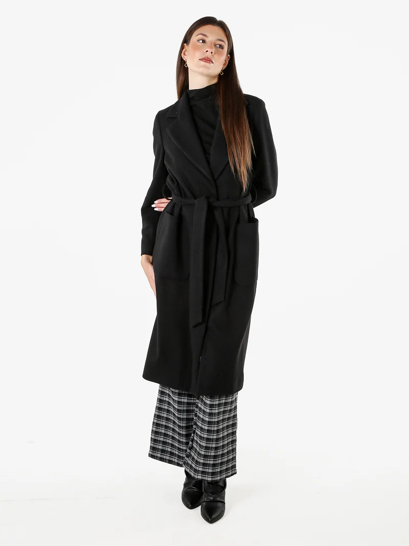 Cappotto lungo da donna senza chiusura con fusciacca in vita - nero