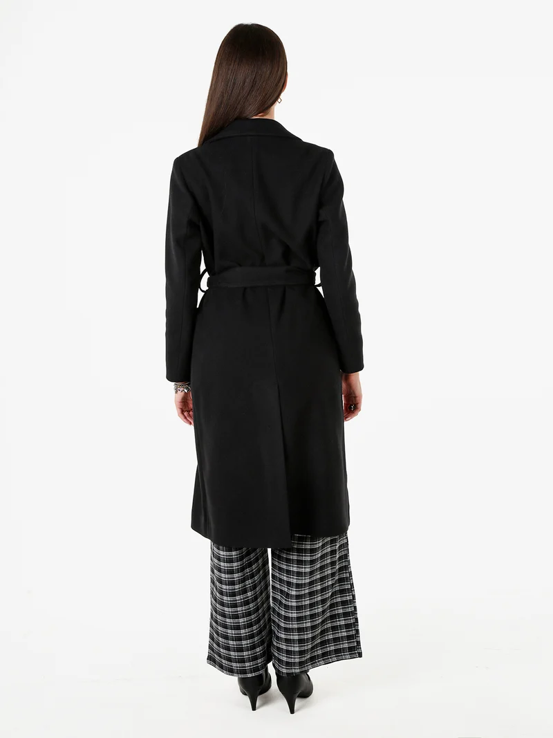 Cappotto lungo da donna senza chiusura con fusciacca in vita - nero