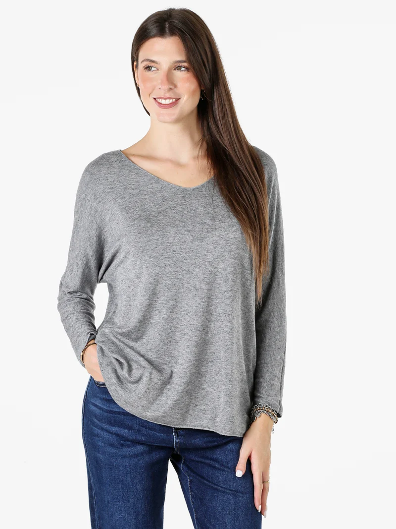 Maglia donna con scollo a V e maniche lunghe a pipistrello - grigio