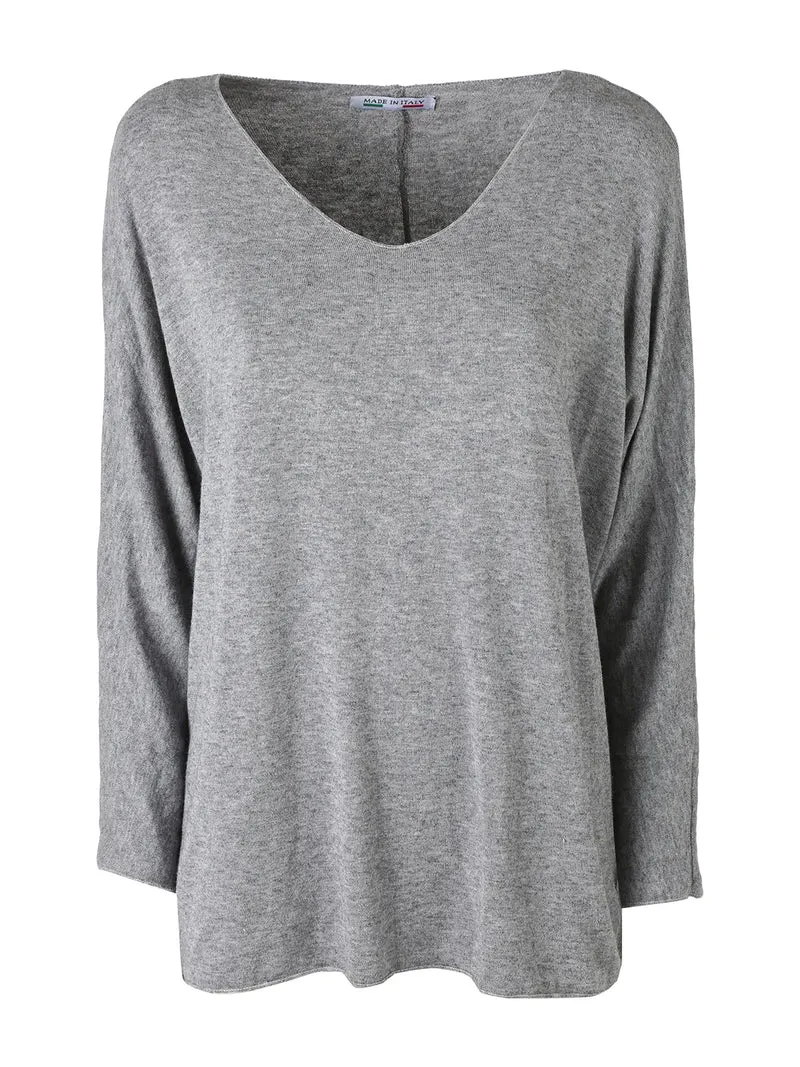 Maglia donna con scollo a V e maniche lunghe a pipistrello - grigio