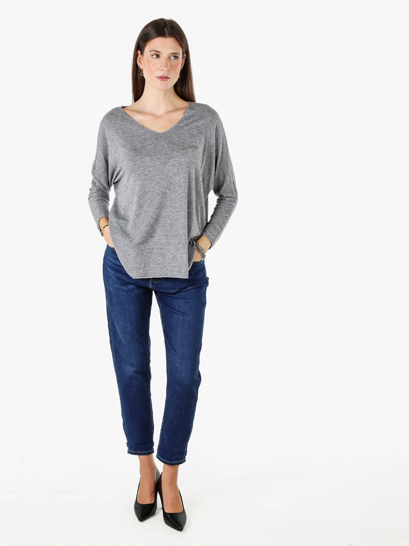 Maglia donna con scollo a V e maniche lunghe a pipistrello - grigio