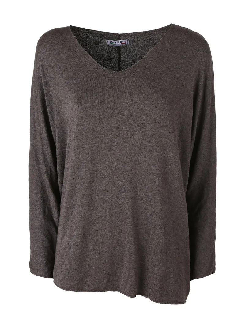 Maglia donna con scollo a V e maniche lunghe a pipistrello - moro