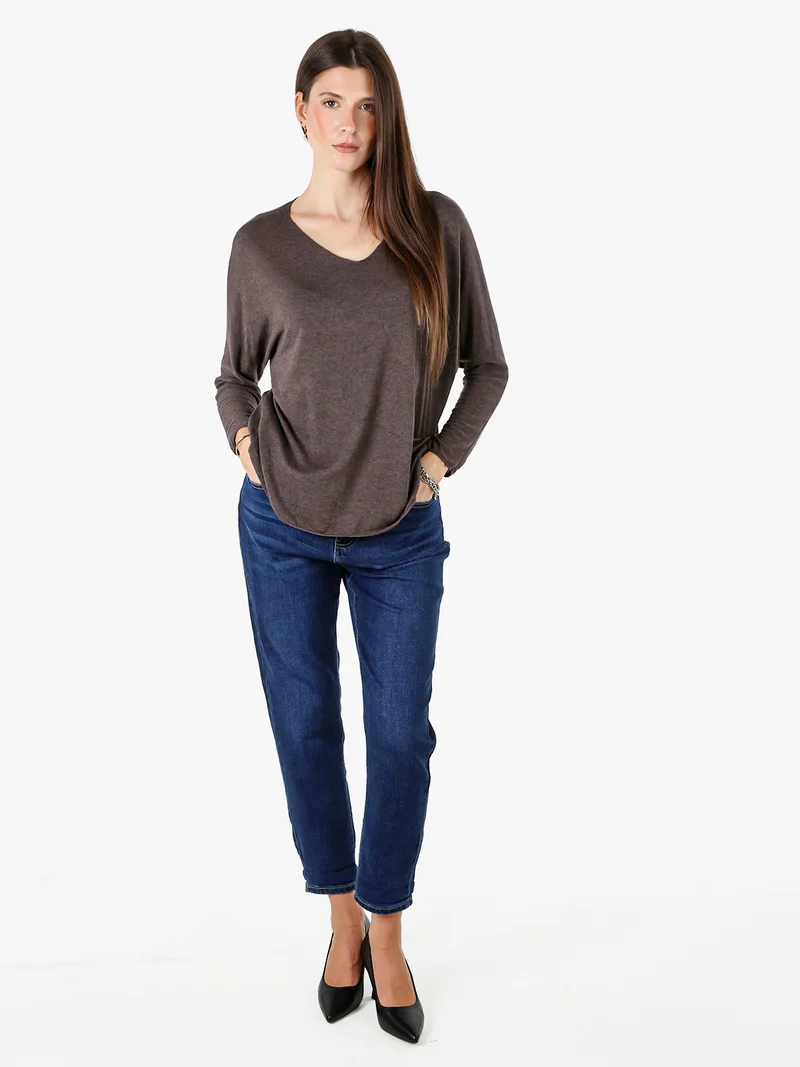 Maglia donna con scollo a V e maniche lunghe a pipistrello - moro