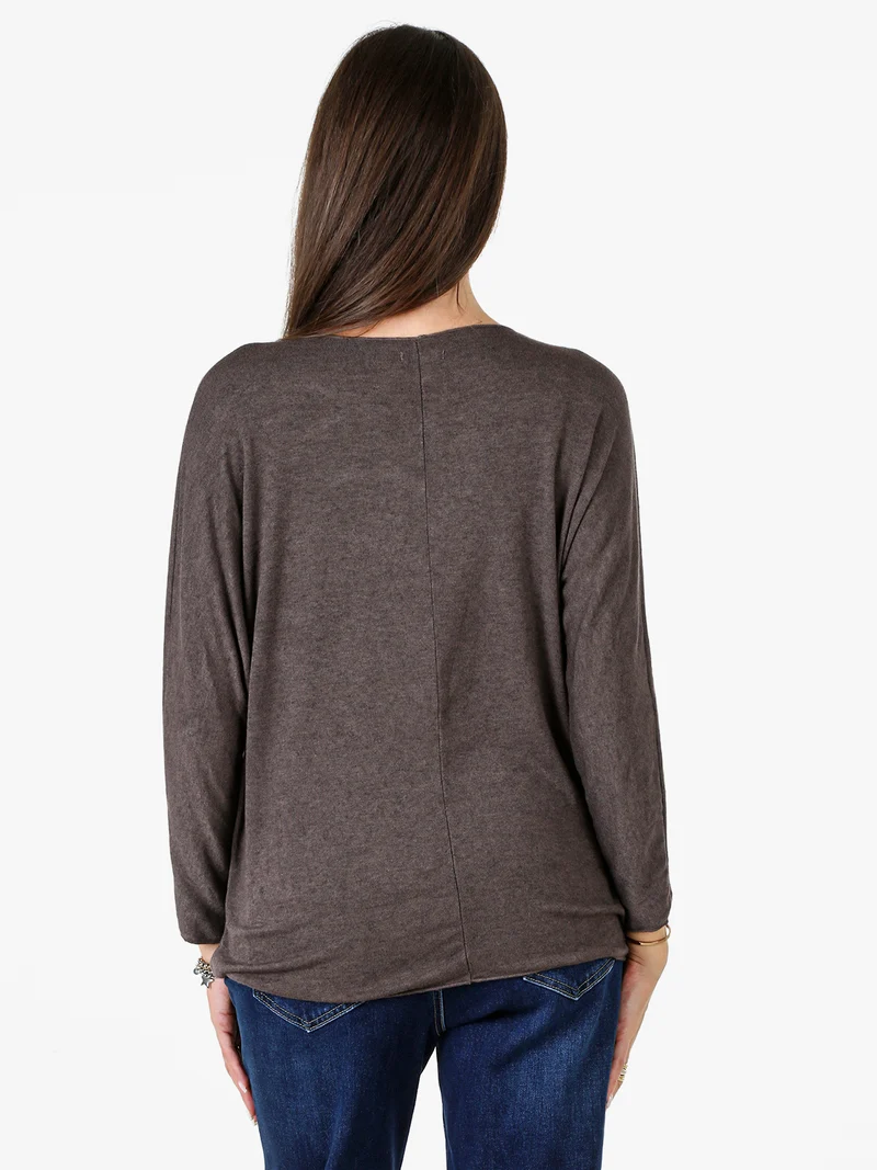 Maglia donna con scollo a V e maniche lunghe a pipistrello - moro