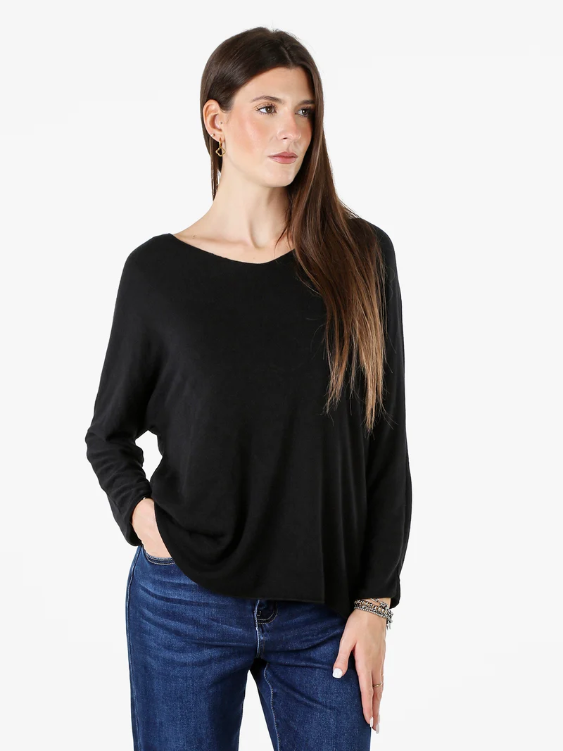 Maglia donna con scollo a V e maniche lunghe a pipistrello - nero