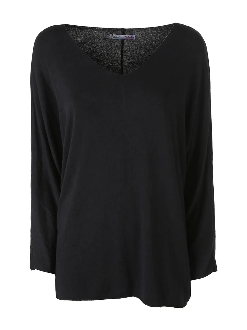 Maglia donna con scollo a V e maniche lunghe a pipistrello - nero