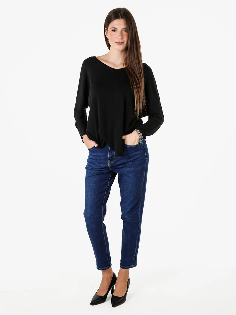 Maglia donna con scollo a V e maniche lunghe a pipistrello - nero