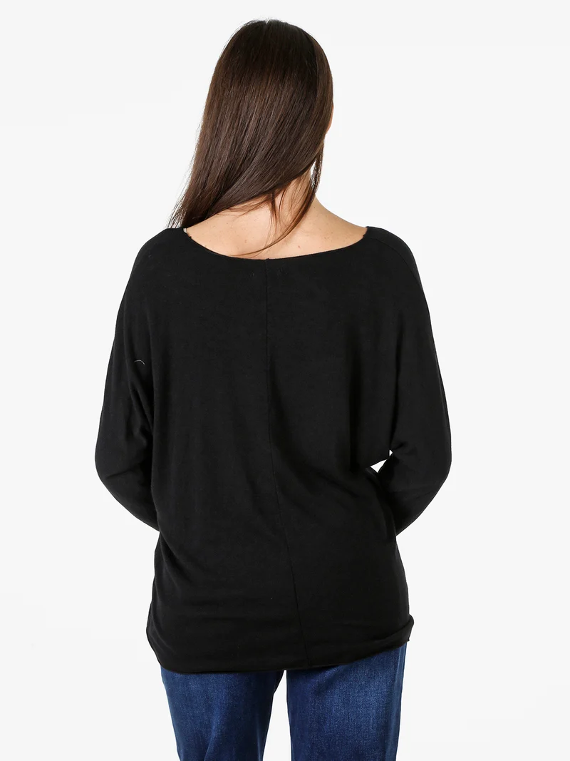 Maglia donna con scollo a V e maniche lunghe a pipistrello - nero