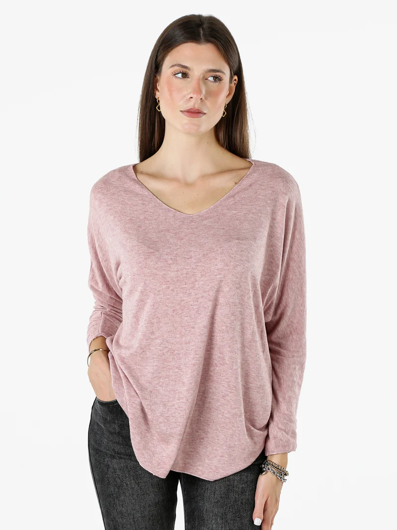 Maglia donna con scollo a V e maniche lunghe a pipistrello - rosa