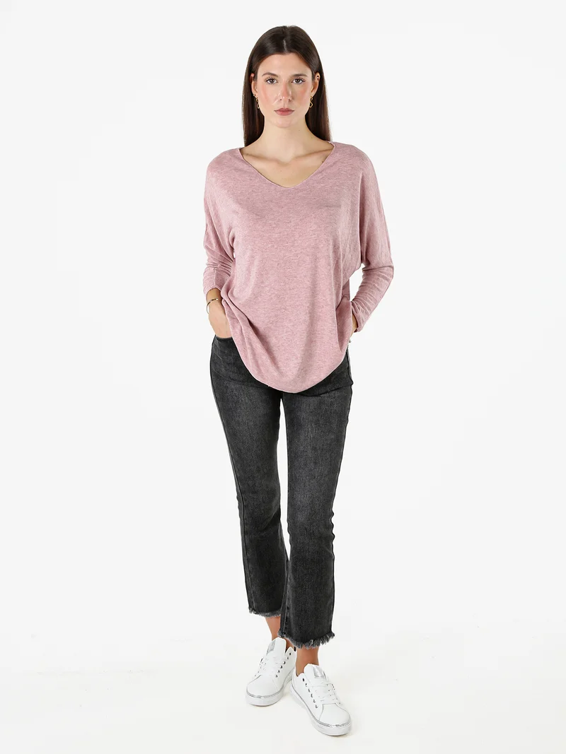 Maglia donna con scollo a V e maniche lunghe a pipistrello - rosa
