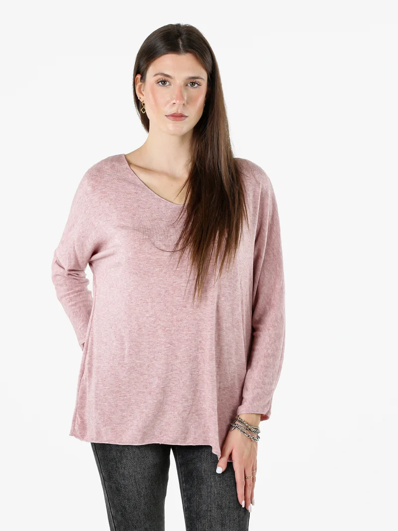 Maglia donna con scollo a V e maniche lunghe a pipistrello - rosa