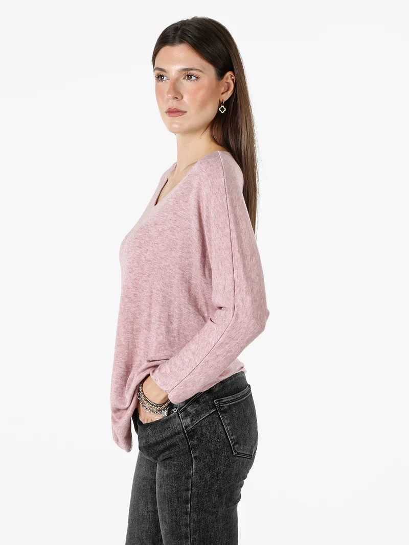 Maglia donna con scollo a V e maniche lunghe a pipistrello - rosa