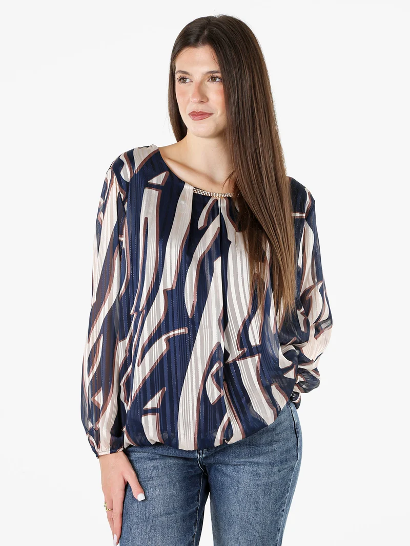 Blusa donna a maniche lunghe con dettaglio di strass - blu
