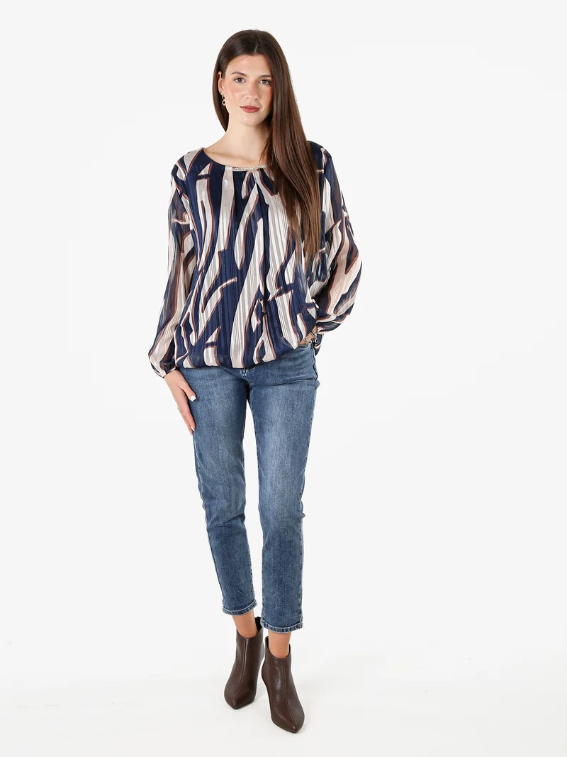 Blusa donna a maniche lunghe con dettaglio di strass - blu
