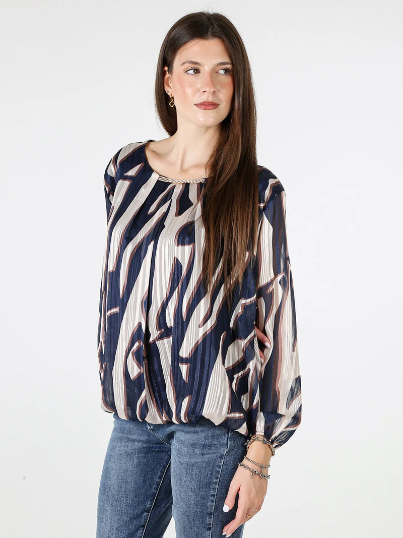 Blusa donna a maniche lunghe con dettaglio di strass - blu