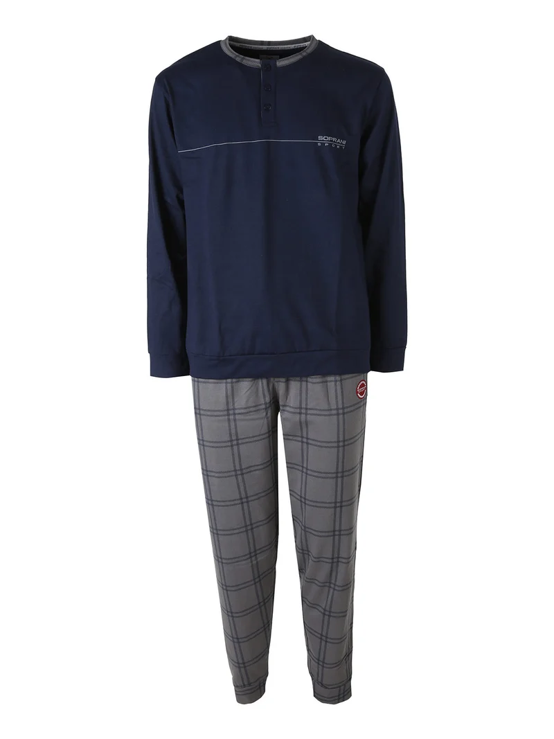 Pigiama lungo da uomo in caldo cotone con pantaloni a quadri - blu scuro