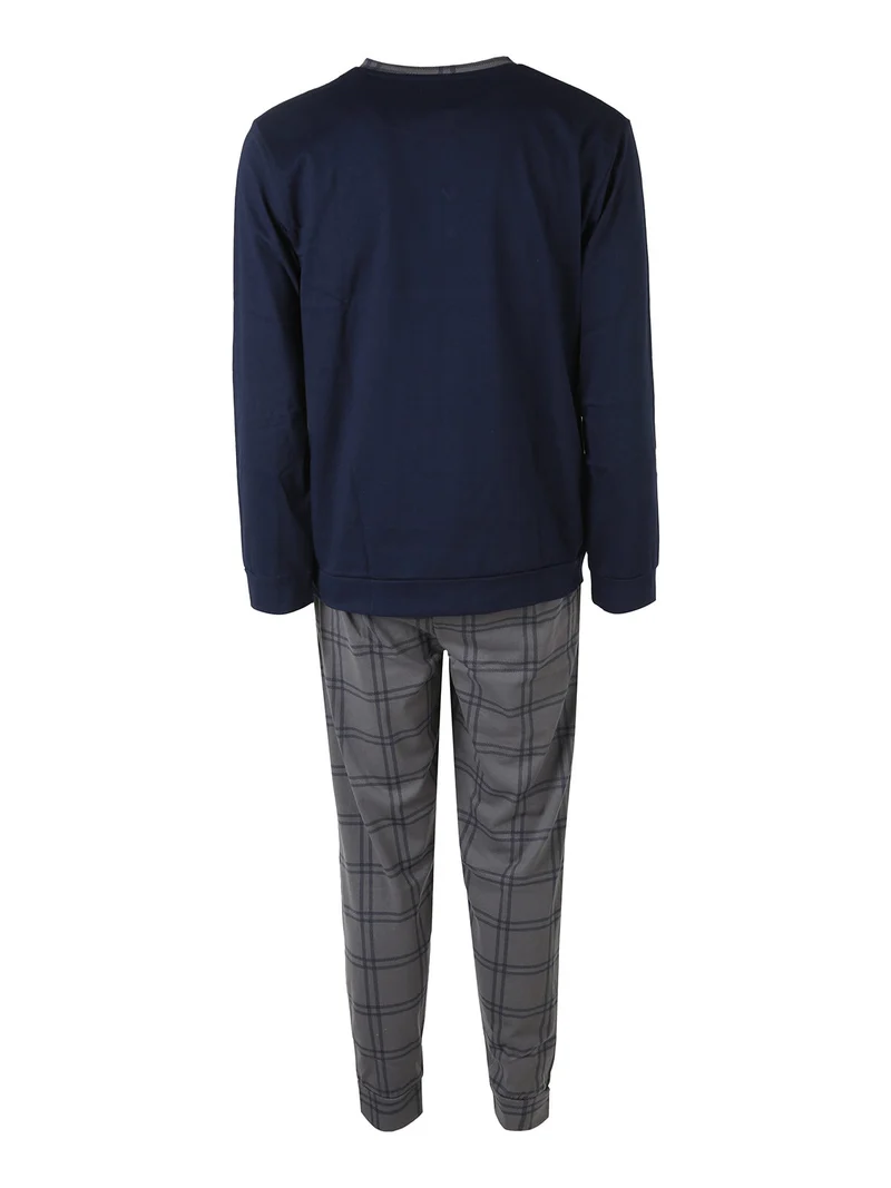 Pigiama lungo da uomo in caldo cotone con pantaloni a quadri - blu scuro