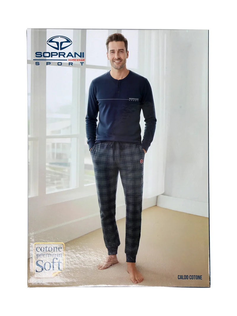 Pigiama lungo da uomo in caldo cotone con pantaloni a quadri - blu scuro