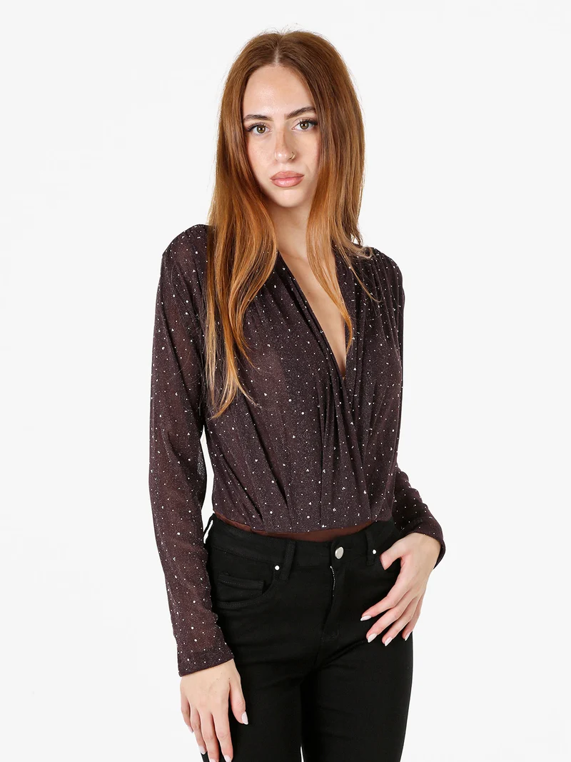 Top body da donna velato a maniche lunghe con micro borchie - moro