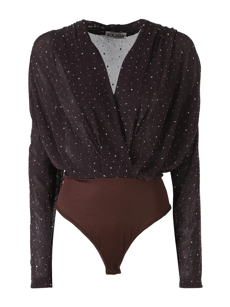 Top body da donna velato a maniche lunghe con micro borchie - moro