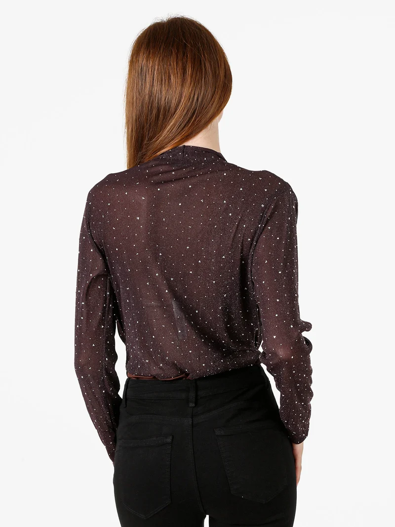 Top body da donna velato a maniche lunghe con micro borchie - moro