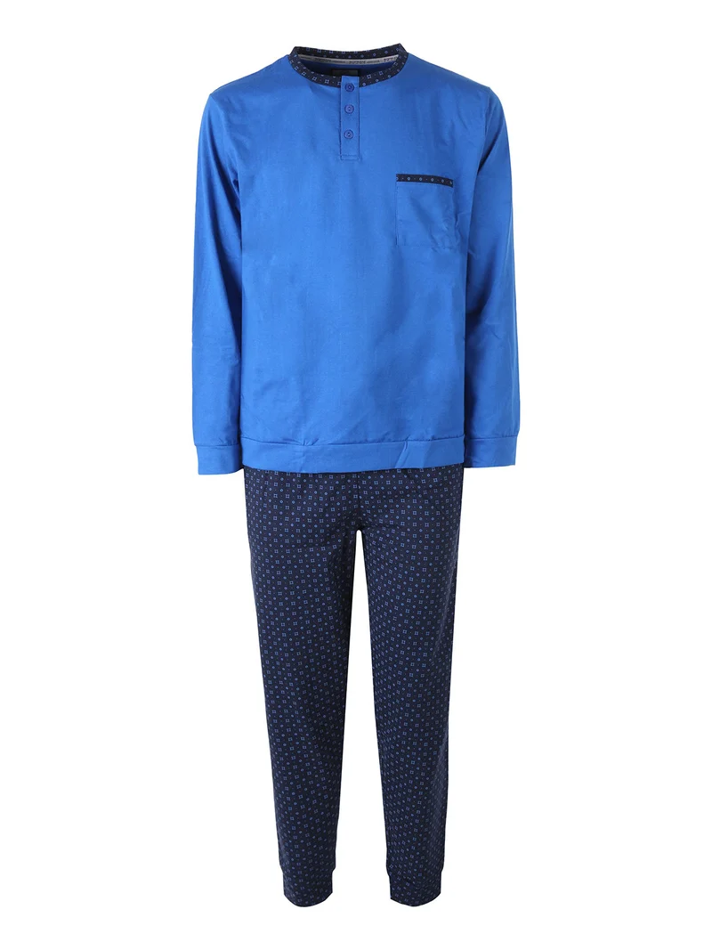 Pigiama lungo da uomo in caldo cotone con taschino frontale - blu