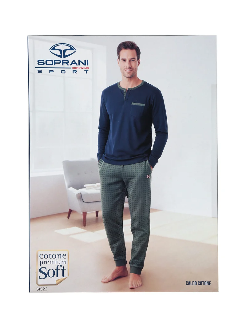 Pigiama lungo da uomo in caldo cotone con taschino frontale - blu