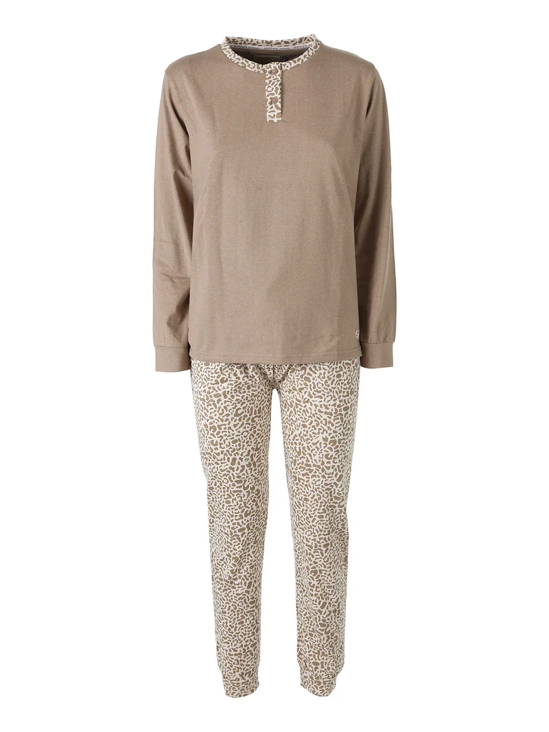 Pigiama lungo da donna in caldo cotone con stampa animalier - sabbia