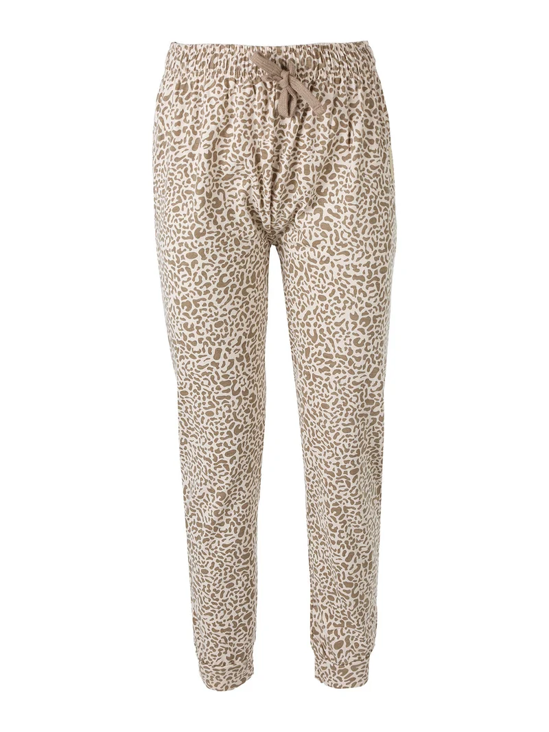 Pigiama lungo da donna in caldo cotone con stampa animalier - sabbia