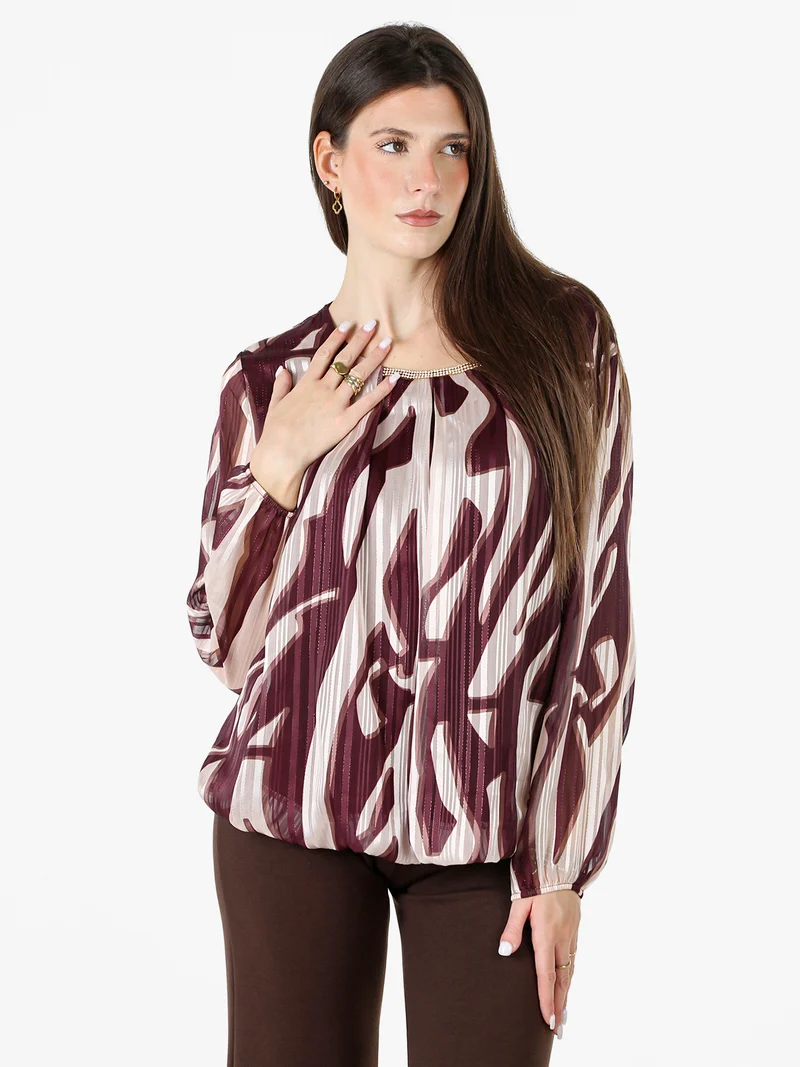Blusa donna a maniche lunghe con dettaglio di strass - bordeaux