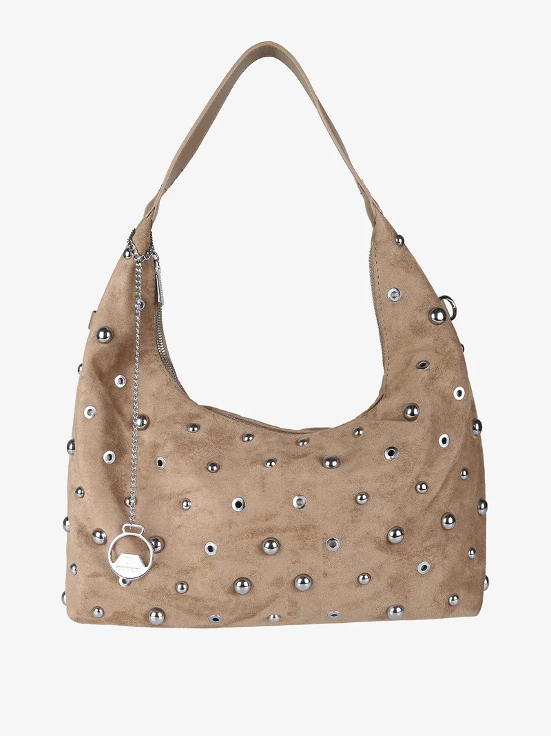 Borsa hobo da donna in tessuto scamosciato con borchie - khaki