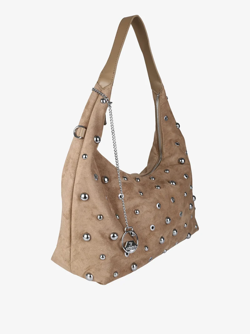 Borsa hobo da donna in tessuto scamosciato con borchie - khaki