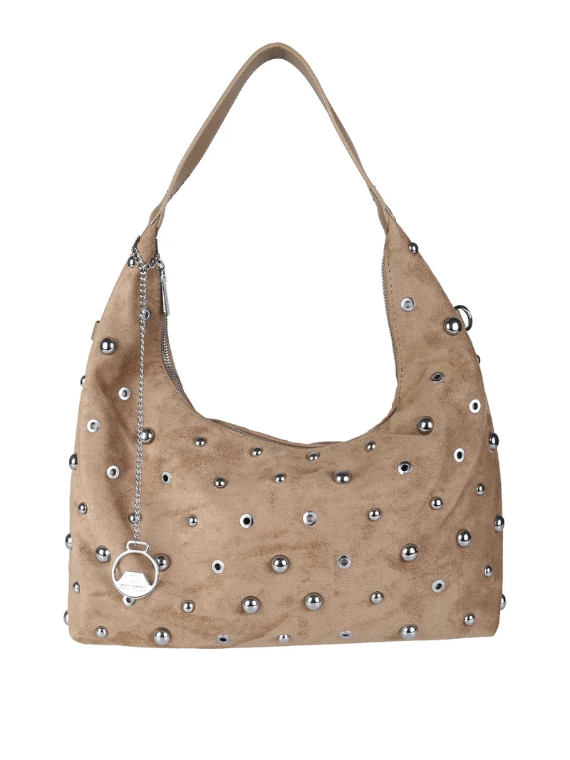 Borsa hobo da donna in tessuto scamosciato con borchie - khaki