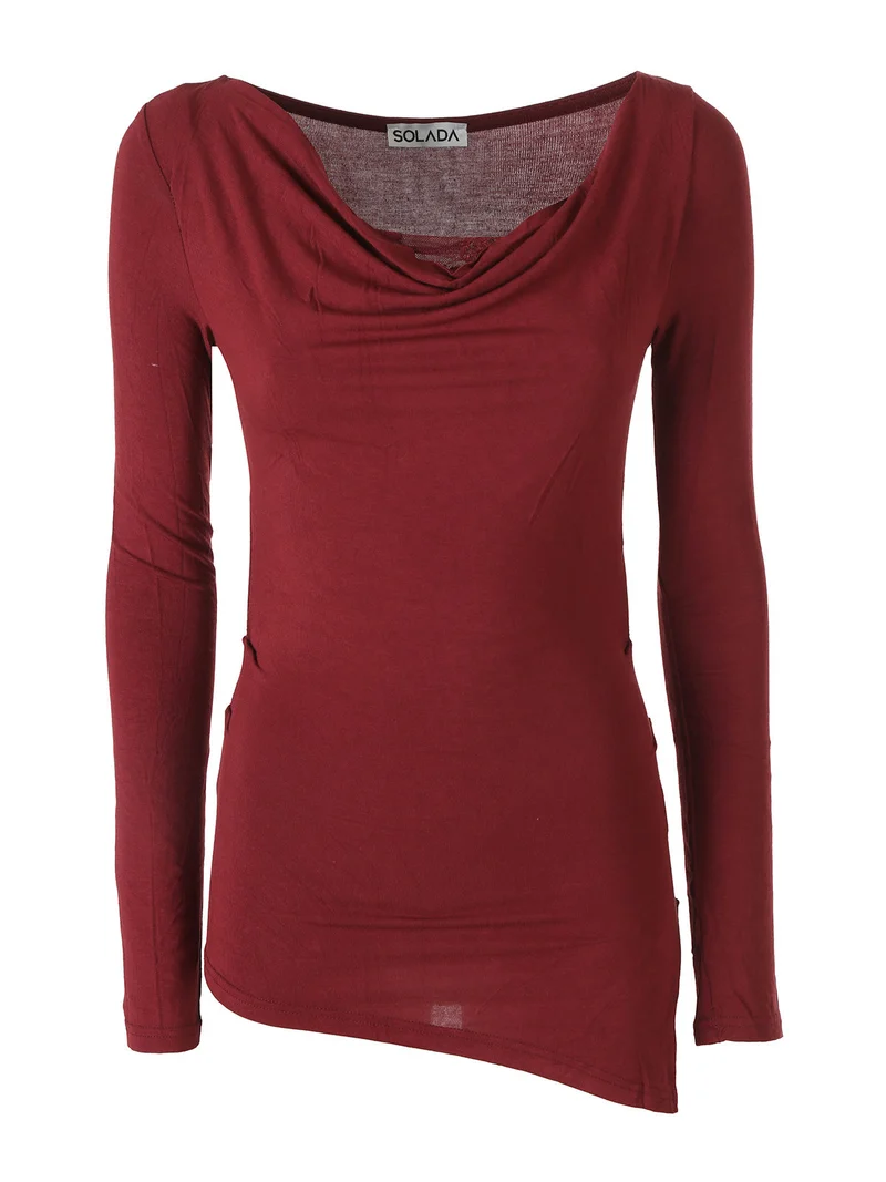 Top donna a maniche lunghe con scollo a cascata e dettaglio in pizzo - bordeaux