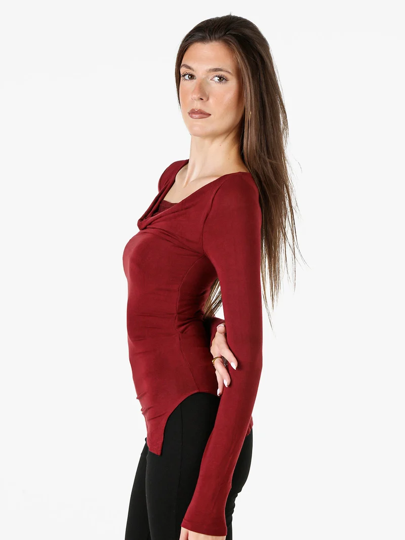 Top donna a maniche lunghe con scollo a cascata e dettaglio in pizzo - bordeaux