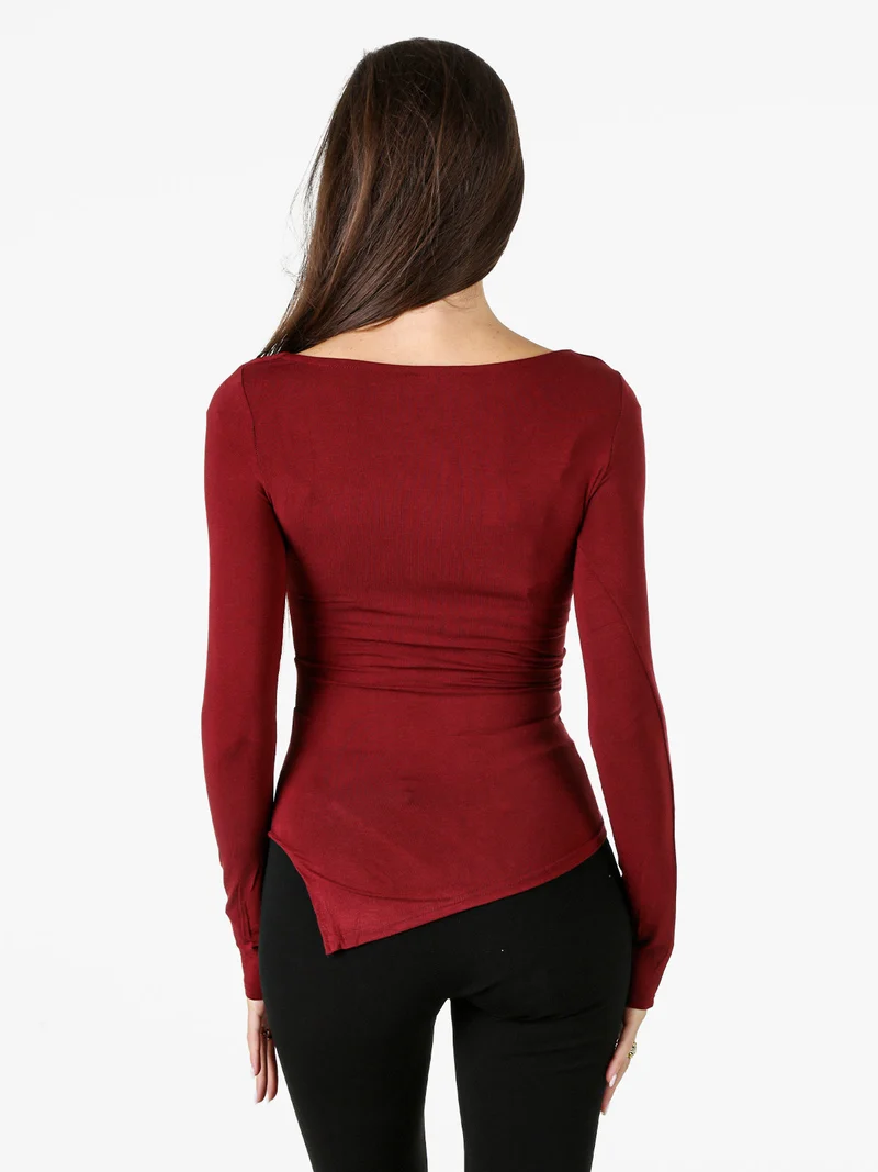Top donna a maniche lunghe con scollo a cascata e dettaglio in pizzo - bordeaux
