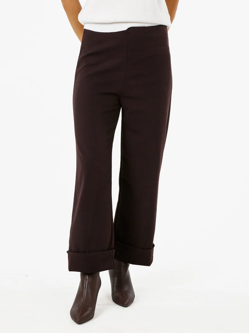 Pantaloni donna cropped a vita alta con risvolto alto - moro