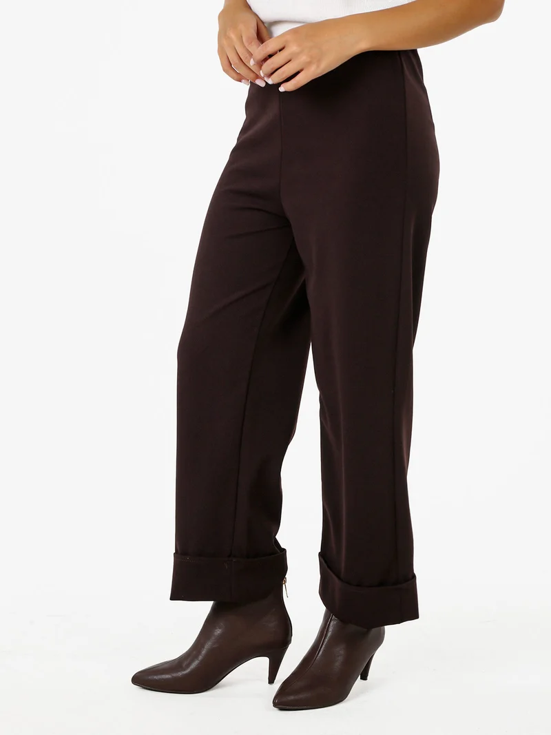 Pantaloni donna cropped a vita alta con risvolto alto - moro