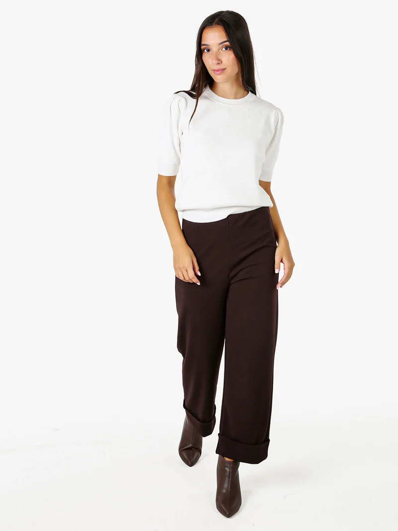 Pantaloni donna cropped a vita alta con risvolto alto - moro