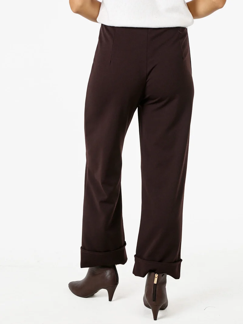 Pantaloni donna cropped a vita alta con risvolto alto - moro