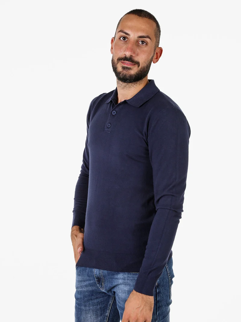 Polo da uomo in maglia a maniche lunghe - blu scuro