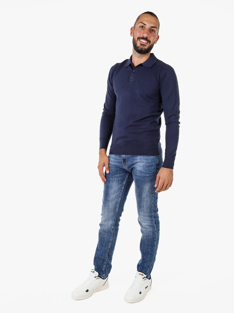 Polo da uomo in maglia a maniche lunghe - blu scuro