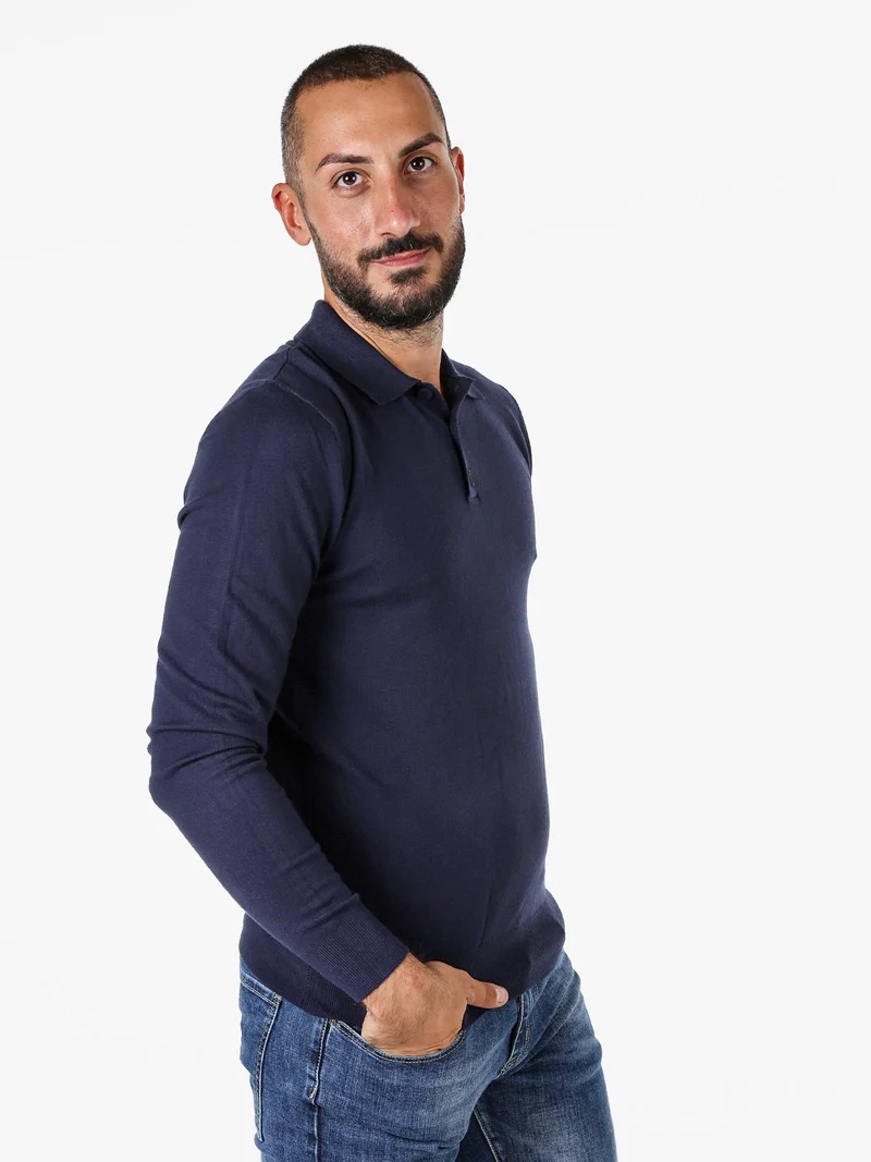 Polo da uomo in maglia a maniche lunghe - blu scuro