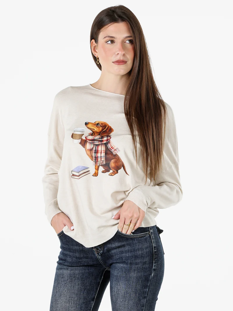 Maglia donna con stampa cane e spalle cadenti - beige