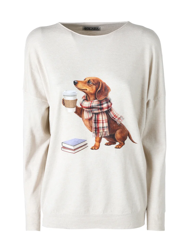 Maglia donna con stampa cane e spalle cadenti - beige